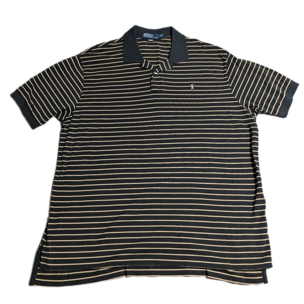 Polo Ralph Lauren Polo Shirt Mens XXL Black Tan Striped Short Sleeve Pony Logo